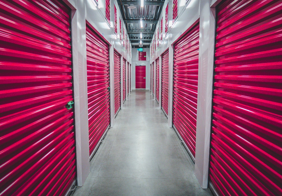storage units with red doors